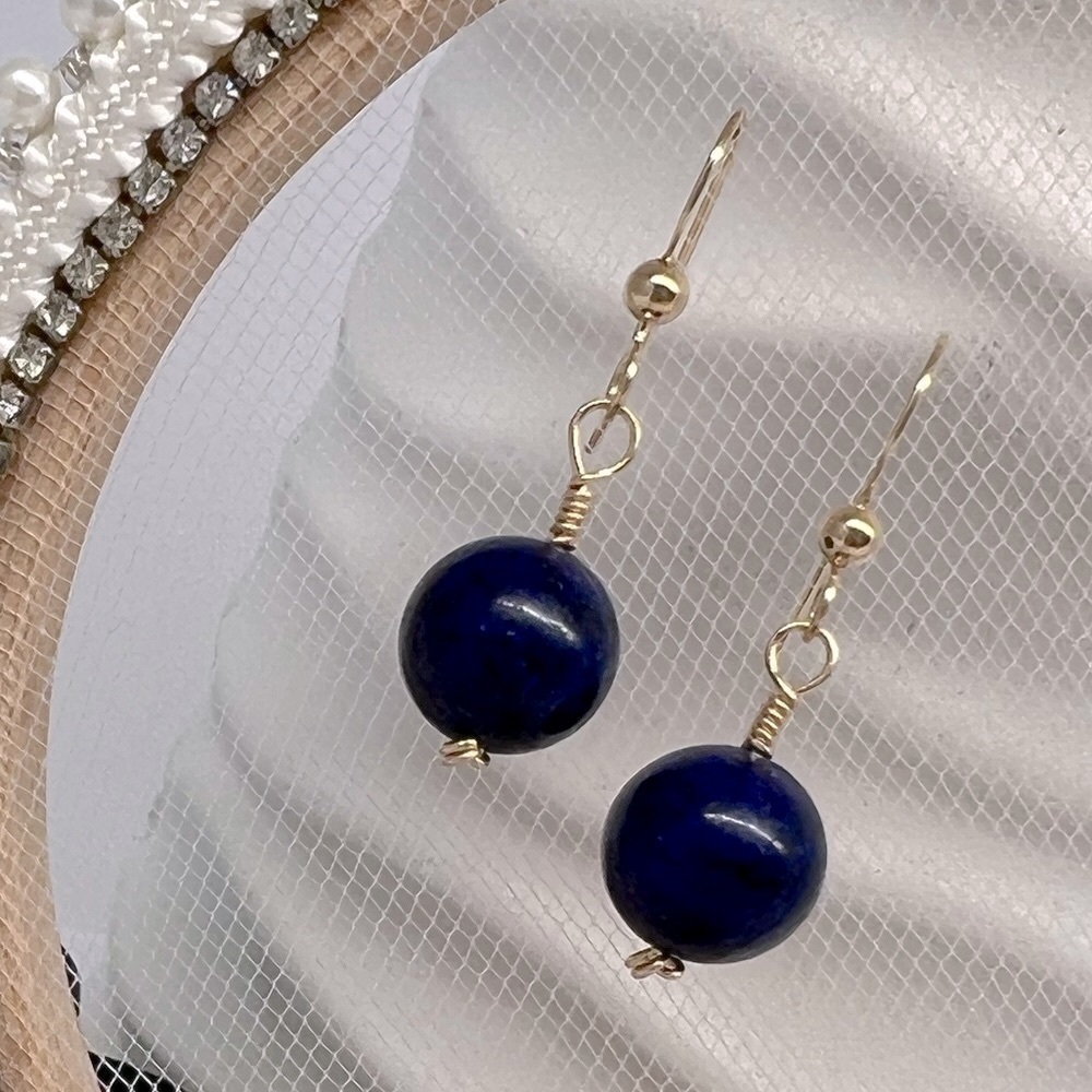 Artisan Blue Lapis Gold Wire Wrap Drop Earrings